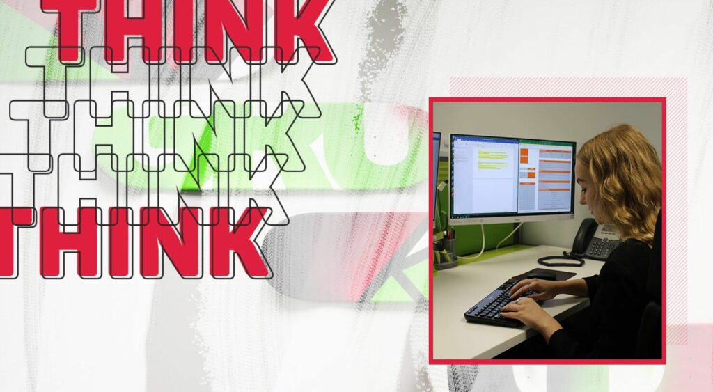 Think, think, think, think, think, with a person working on a PC.